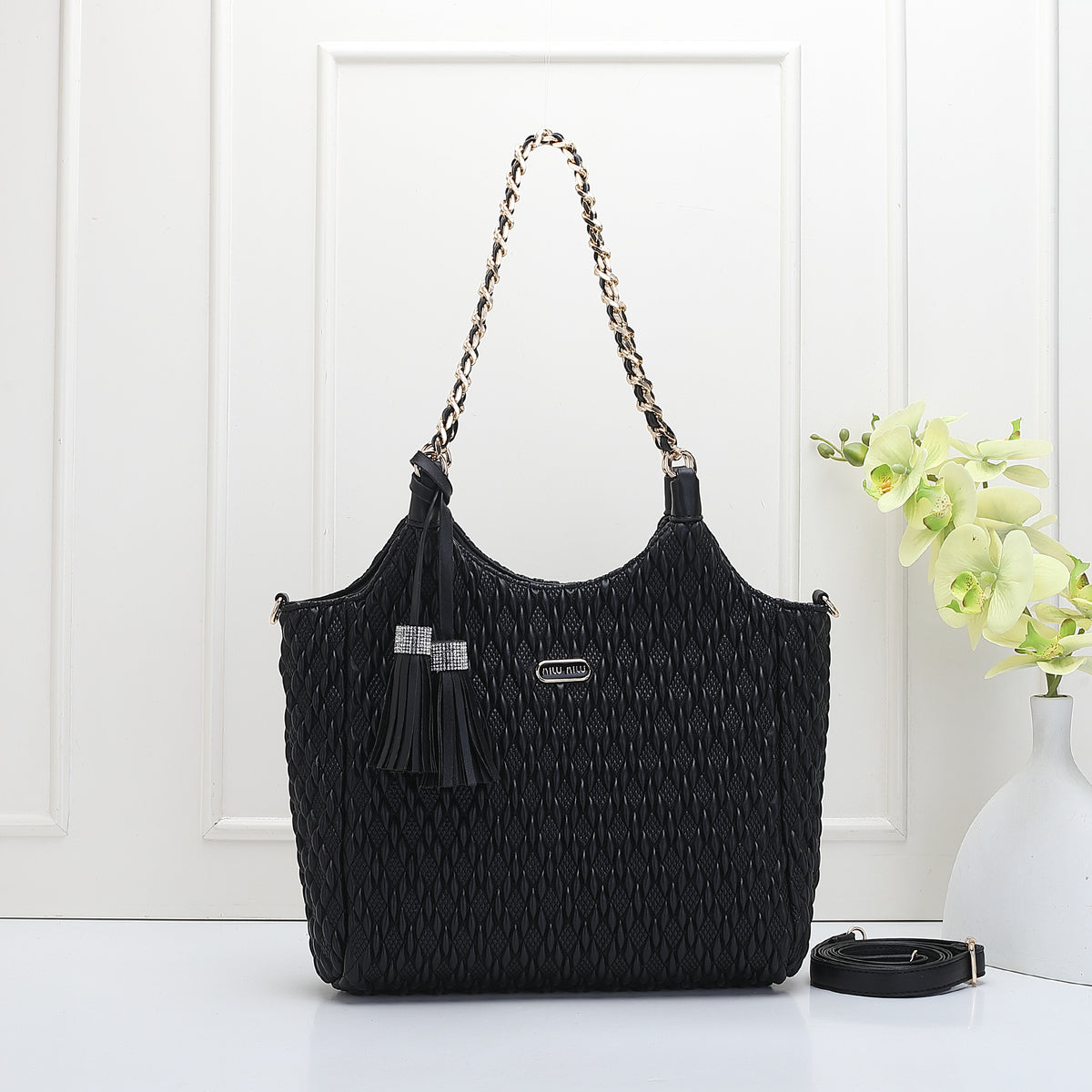 Elegant Quilted Chain-Handle Tote Bag with Tassel Pendant (9771)