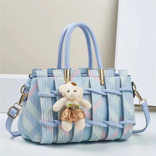 Elegant Geometric Woven Satchel with Teddy Charm (9702)