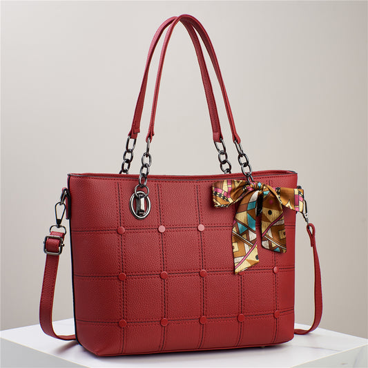 Elegant Grid-Patterned Tote Bag with Scarf Accent (7740)