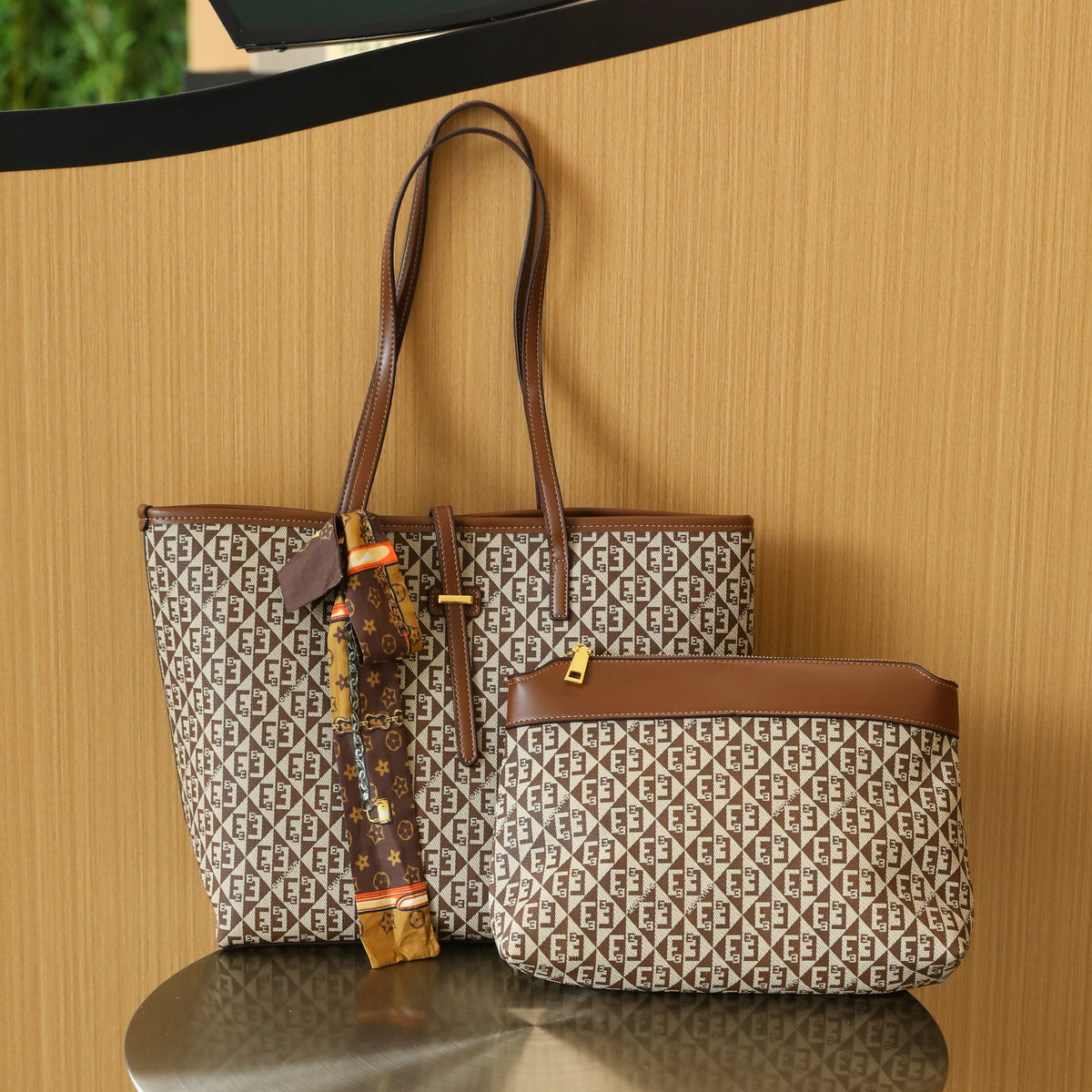 Monogram Chic Shoulder Tote &amp; Matching Organizer Set (8102)