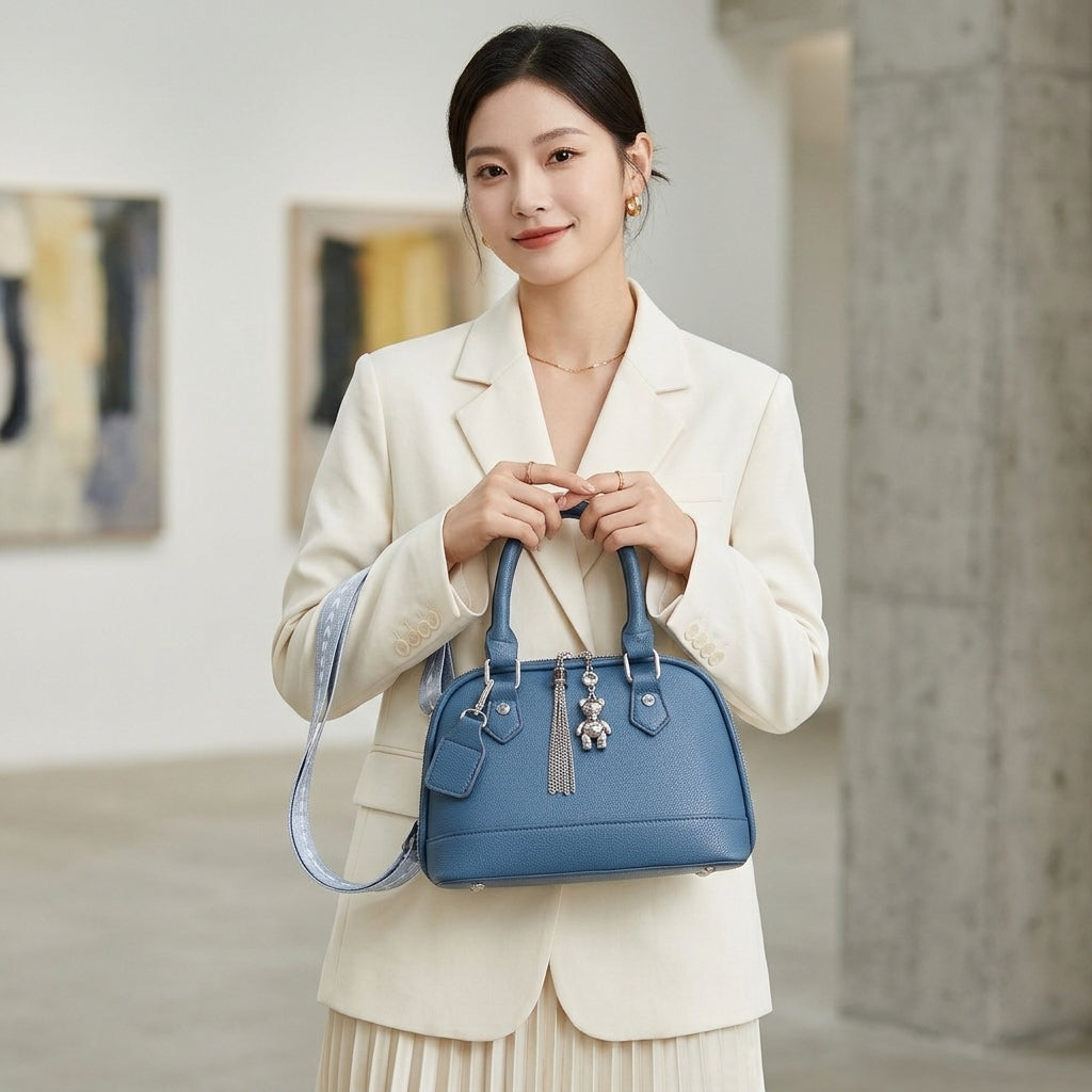 Women’s Textured PU Crossbody Handbag with Bear Charm (9780)