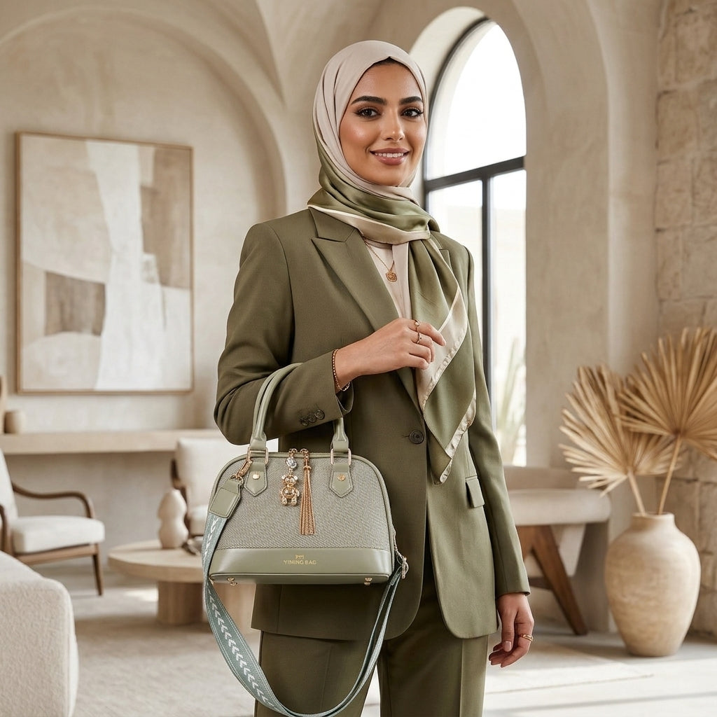 Women’s Textured Handbag with Bear Charm (9892)