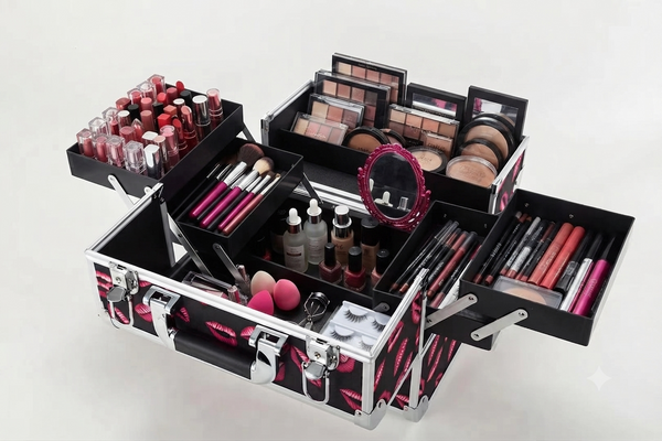 Aluminum Rolling Makeup Train Case with Cantilever Trays and Lock (6068)