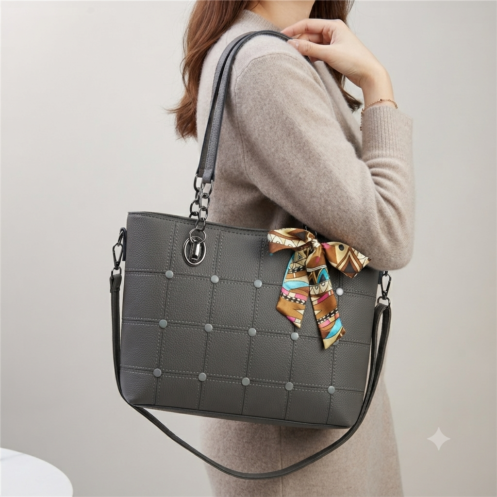 Elegant Grid-Patterned Tote Bag with Scarf Accent (7740)