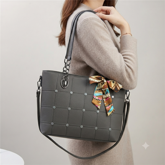 Elegant Grid-Patterned Tote Bag with Scarf Accent (7740)