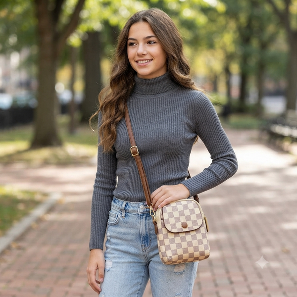 Signature Print Multi-Pocket Mini Crossbody Bag (8913)
