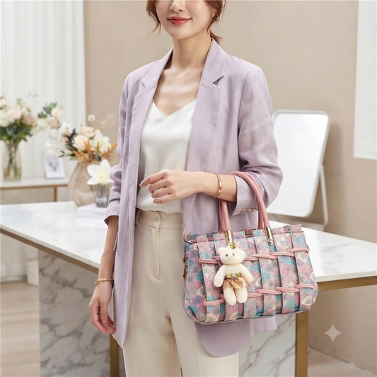 Chic Art-Deco Fan-Patterned Satchel with Teddy Charm (9701)
