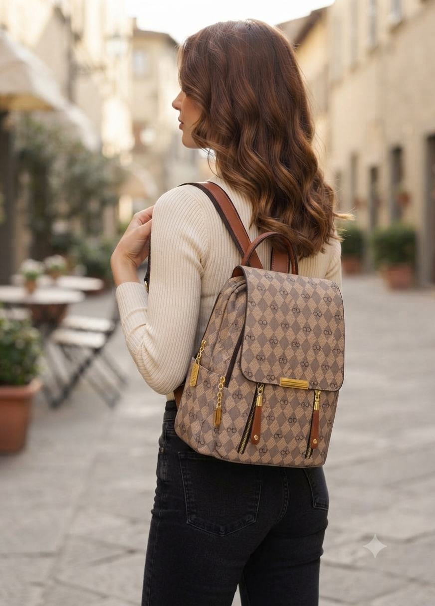Monogram Chic Multi-Pocket Casual &amp; Travel Backpack (8018)