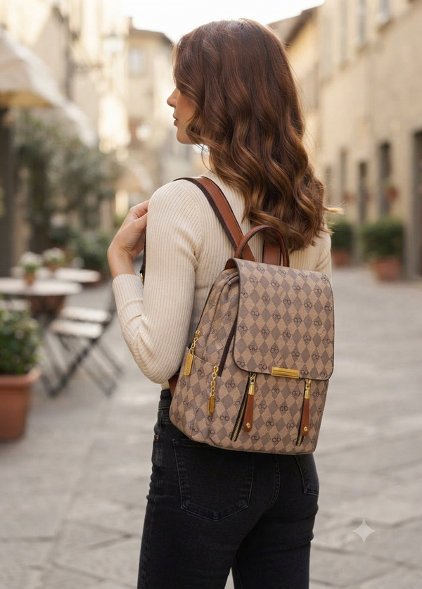 Monogram Chic Multi-Pocket Casual &amp; Travel Backpack (8018)
