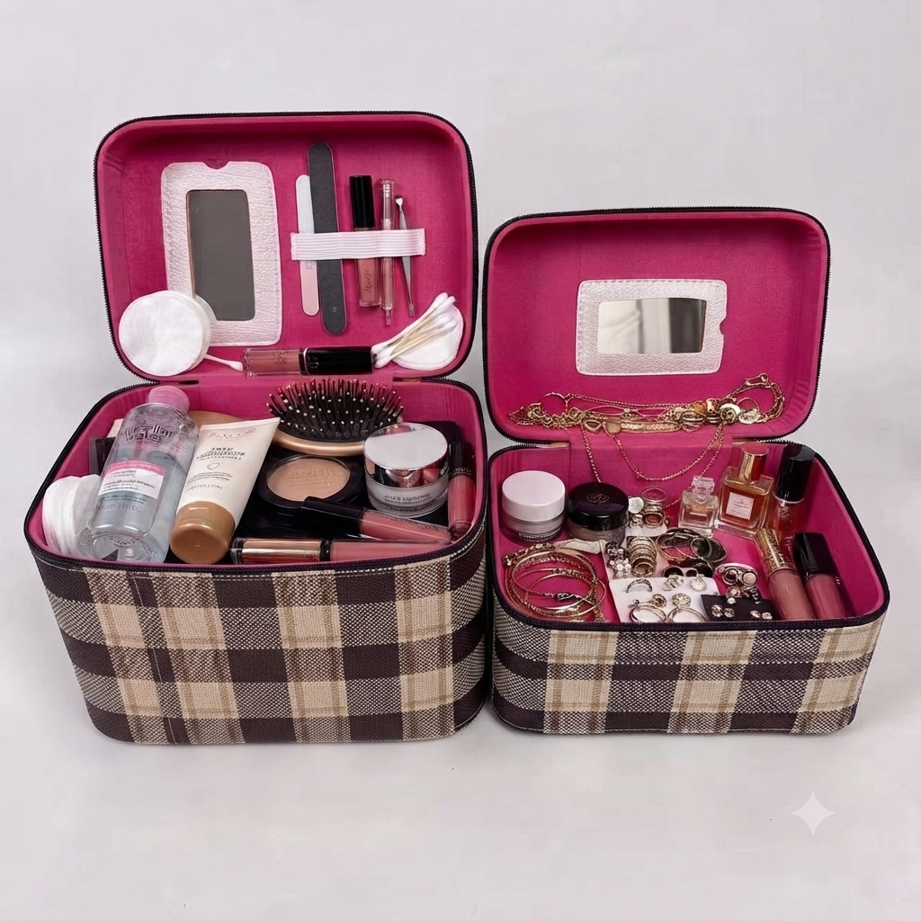 Luxury Plaid Cosmetic Organizer Set with Mirrors (8127)
