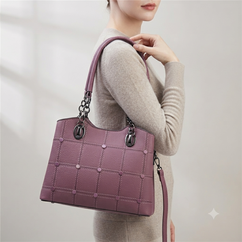 Classic Grid-Studded Tote Bag with Long Strap (7742)