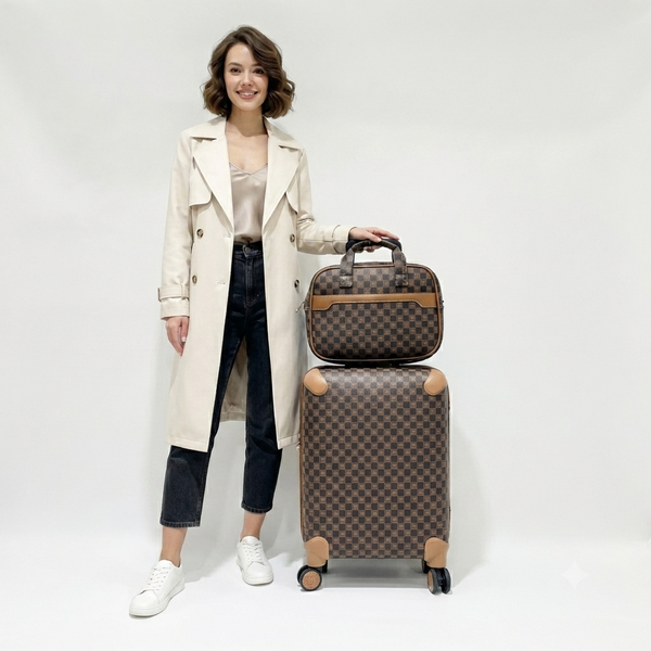 Vintager Brown Check Travel & Vanity Set (9725)