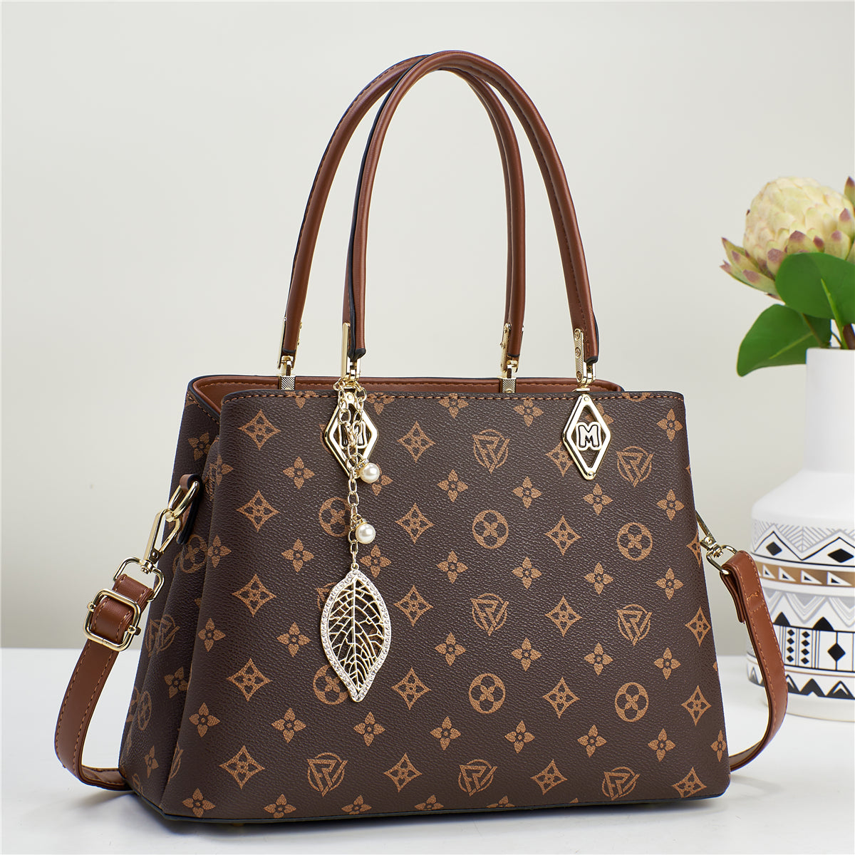 Women’s Printed Shoulder Bag with Leaf Charm (9564)