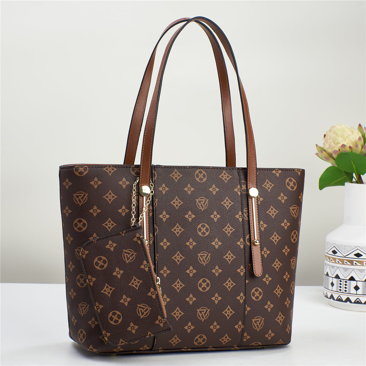 Signature Print Shoulder Tote with Hanging Pouch (9565)