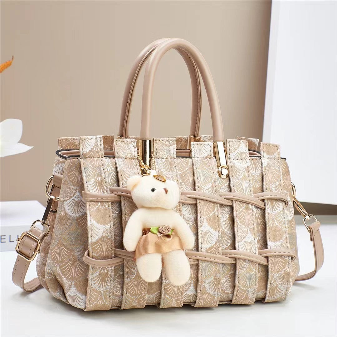 Chic Art-Deco Fan-Patterned Satchel with Teddy Charm (9701)