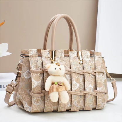 Chic Art-Deco Fan-Patterned Satchel with Teddy Charm (9701)