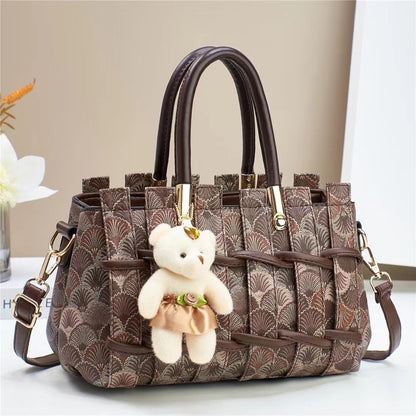 Chic Art-Deco Fan-Patterned Satchel with Teddy Charm (9701)