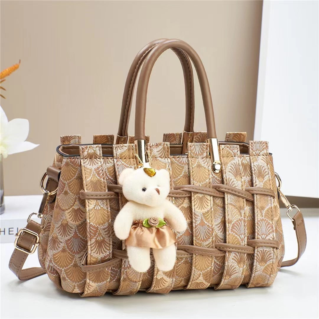 Chic Art-Deco Fan-Patterned Satchel with Teddy Charm (9701)