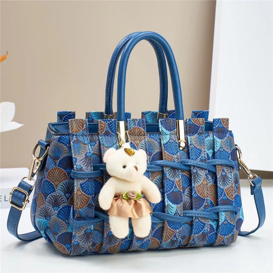 Chic Art-Deco Fan-Patterned Satchel with Teddy Charm (9701)