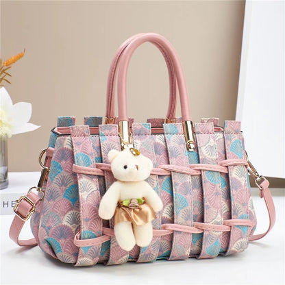 Chic Art-Deco Fan-Patterned Satchel with Teddy Charm (9701)