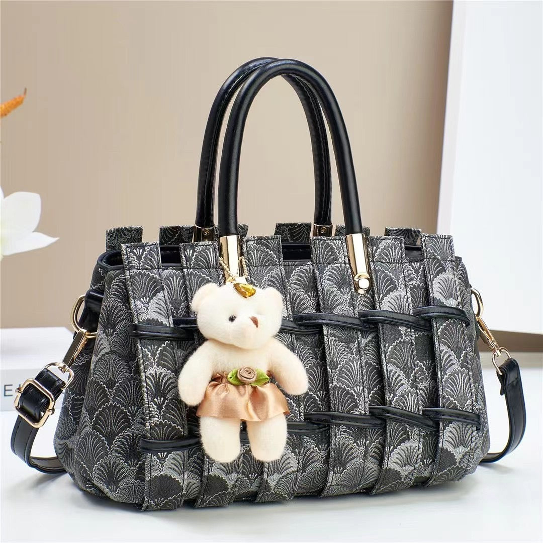 Chic Art-Deco Fan-Patterned Satchel with Teddy Charm (9701)