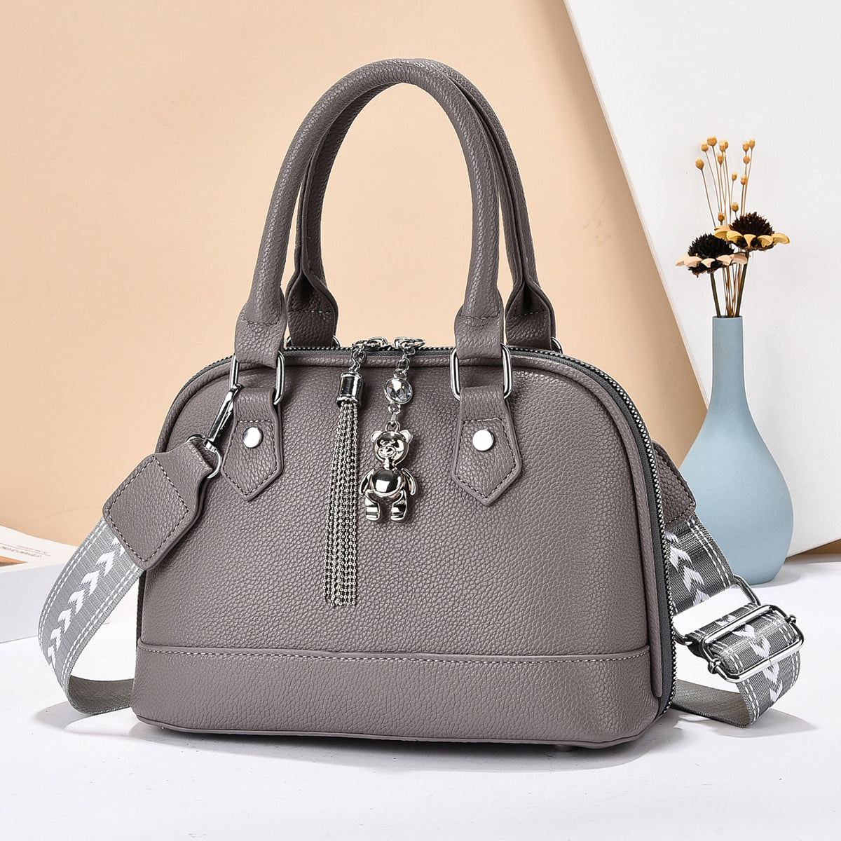 Women’s Textured PU Crossbody Handbag with Bear Charm (9780)