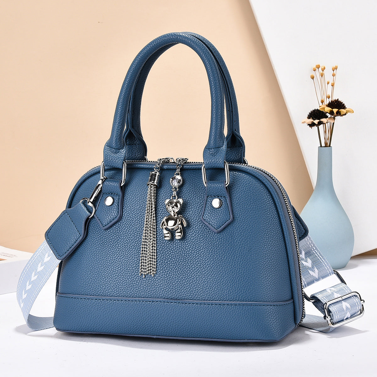 Women’s Textured PU Crossbody Handbag with Bear Charm (9780)
