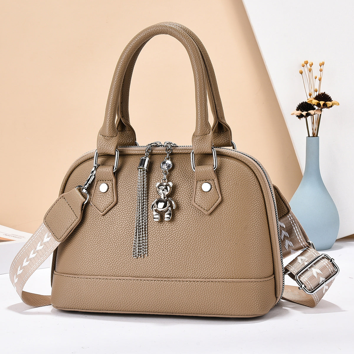 Women’s Textured PU Crossbody Handbag with Bear Charm (9780)