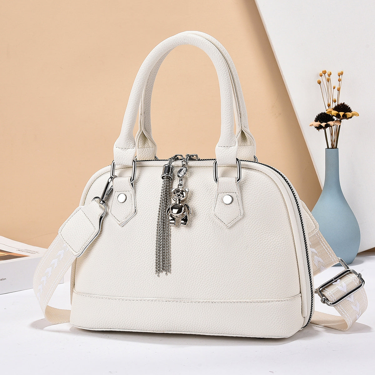 Women’s Textured PU Crossbody Handbag with Bear Charm (9780)