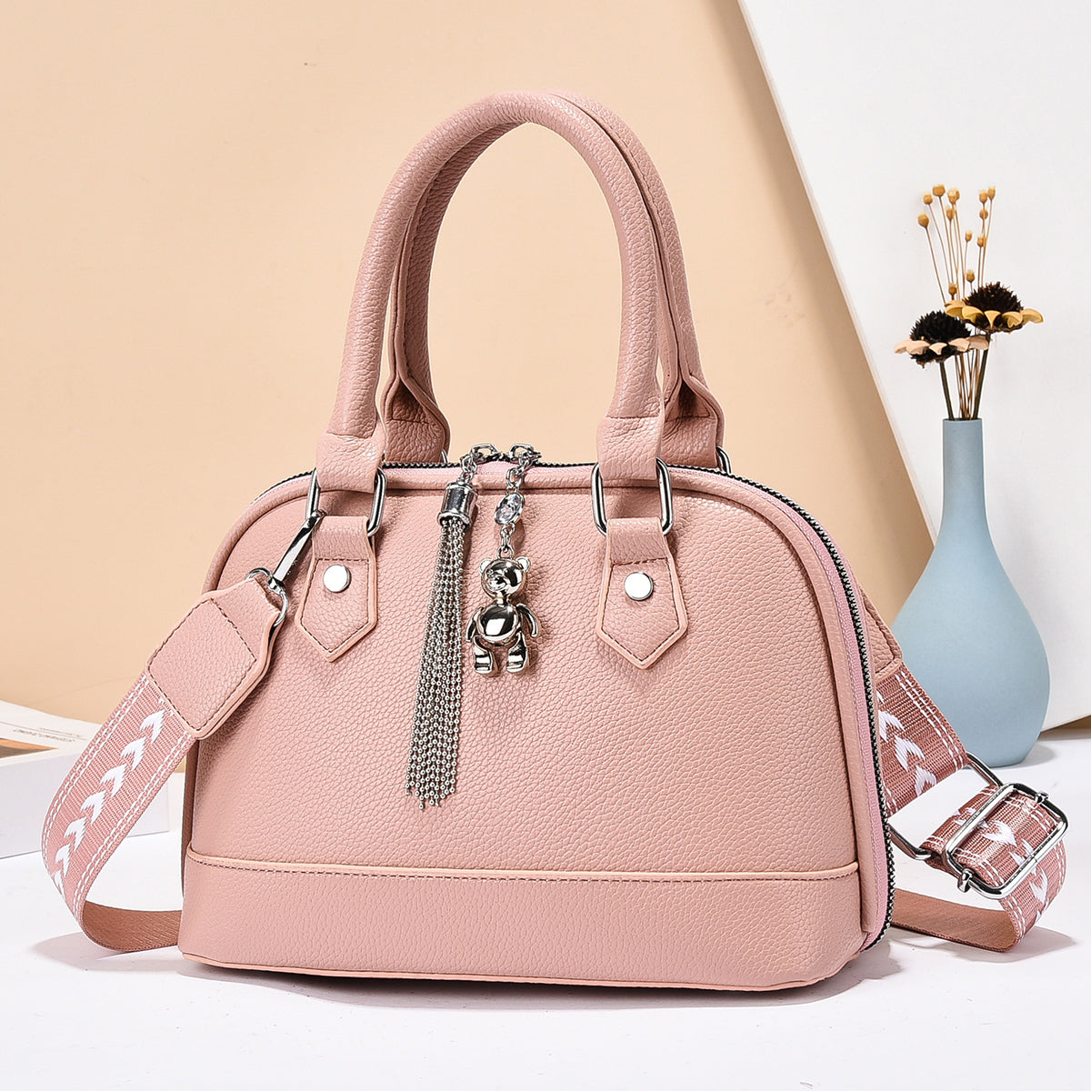 Women’s Textured PU Crossbody Handbag with Bear Charm (9780)