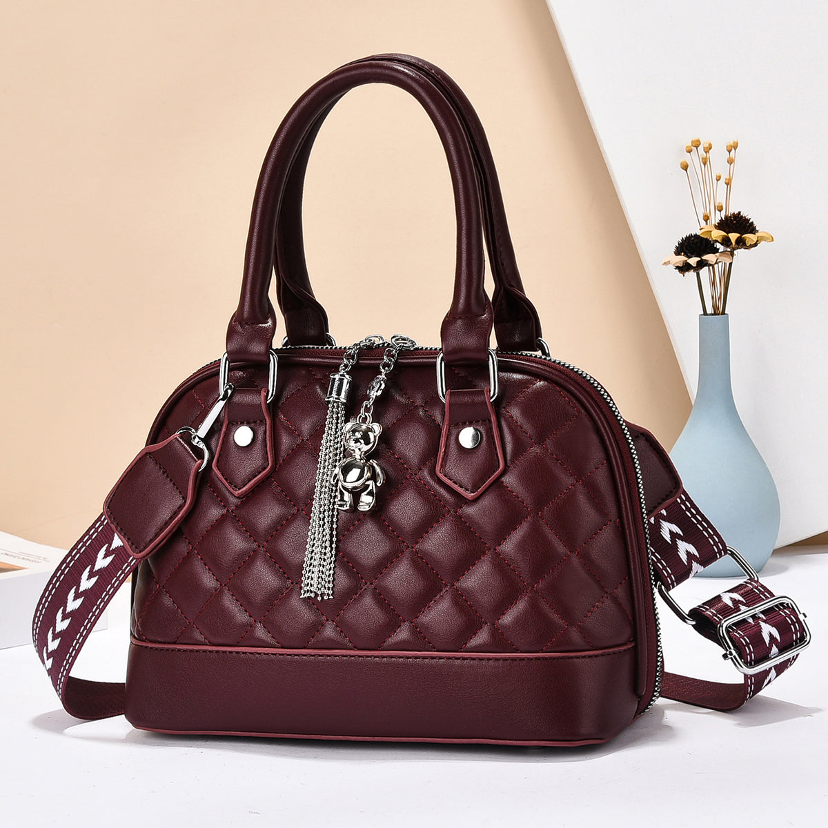 Women’s Quilted Crossbody Handbag with Bear Charm (9779)