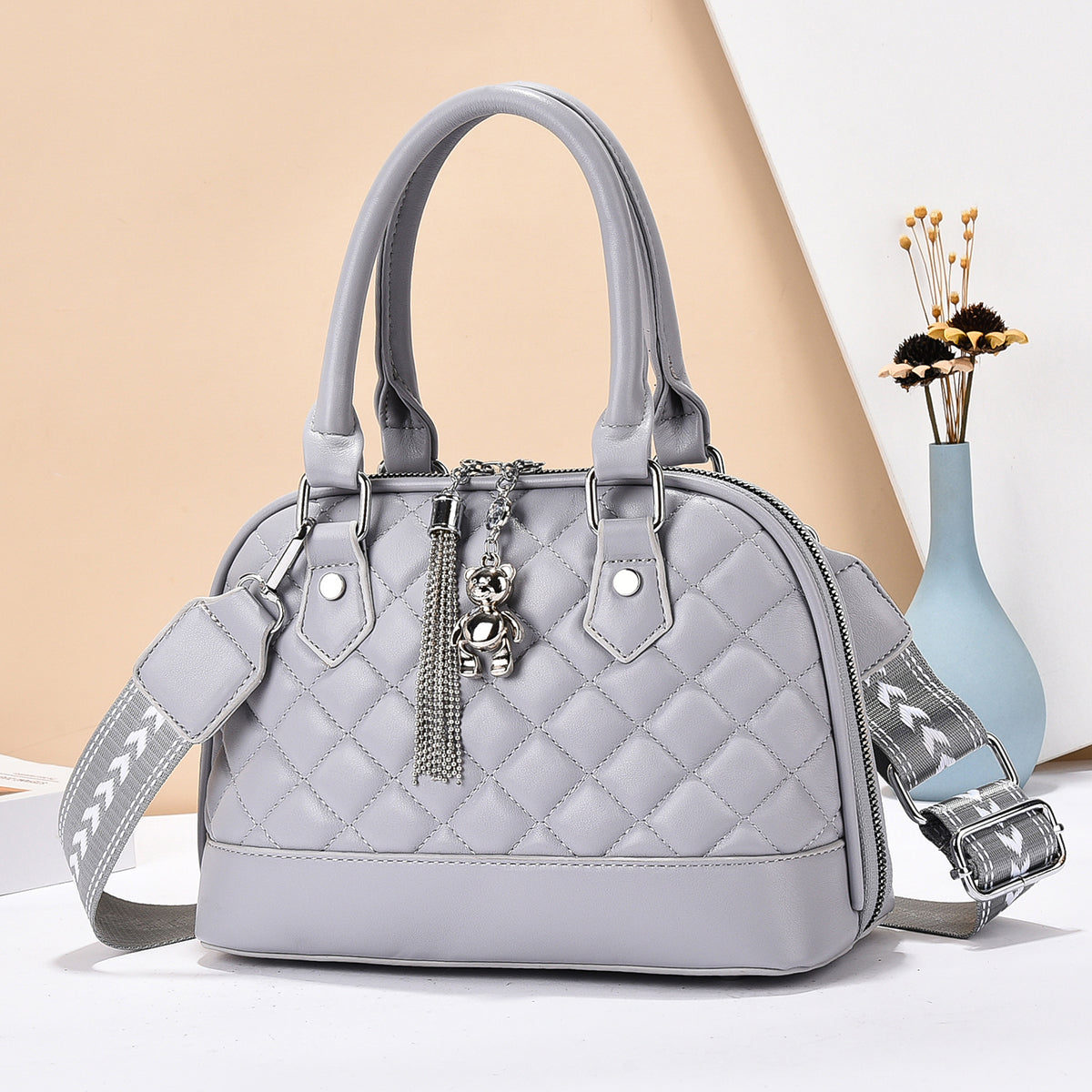 Women’s Quilted Crossbody Handbag with Bear Charm (9779)