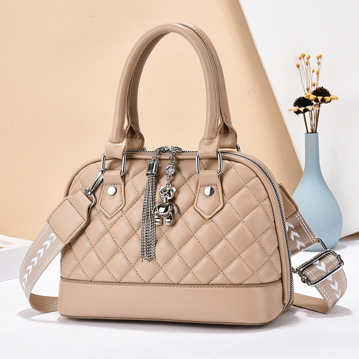 Women’s Quilted Crossbody Handbag with Bear Charm (9779)