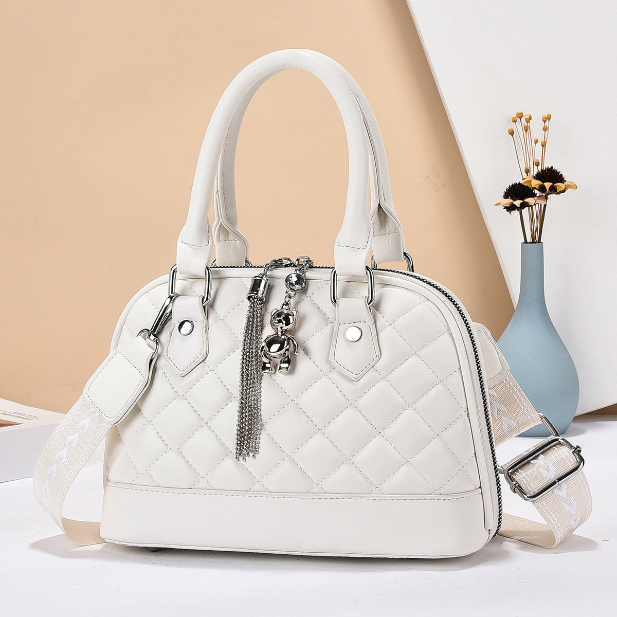 Women’s Quilted Crossbody Handbag with Bear Charm (9779)