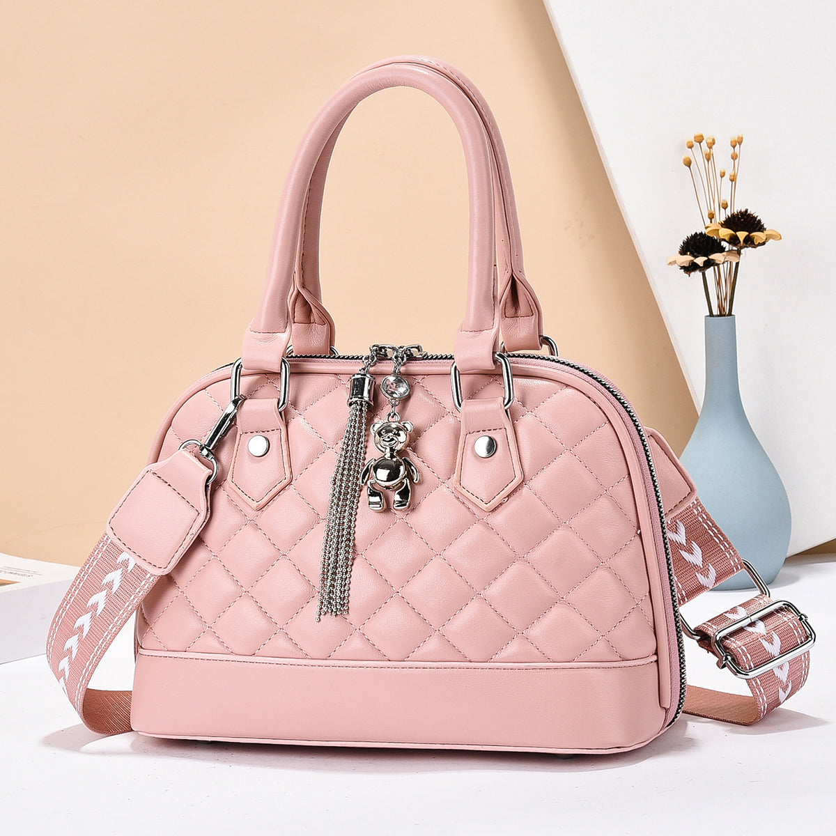 Women’s Quilted Crossbody Handbag with Bear Charm (9779)