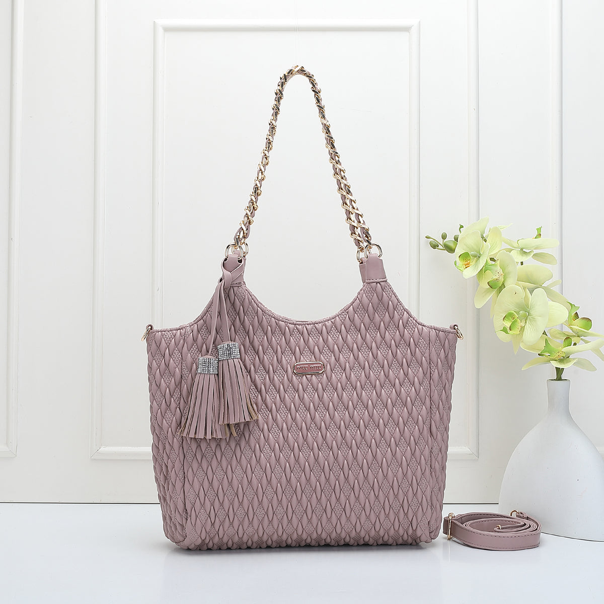 Elegant Quilted Chain-Handle Tote Bag with Tassel Pendant (9771)