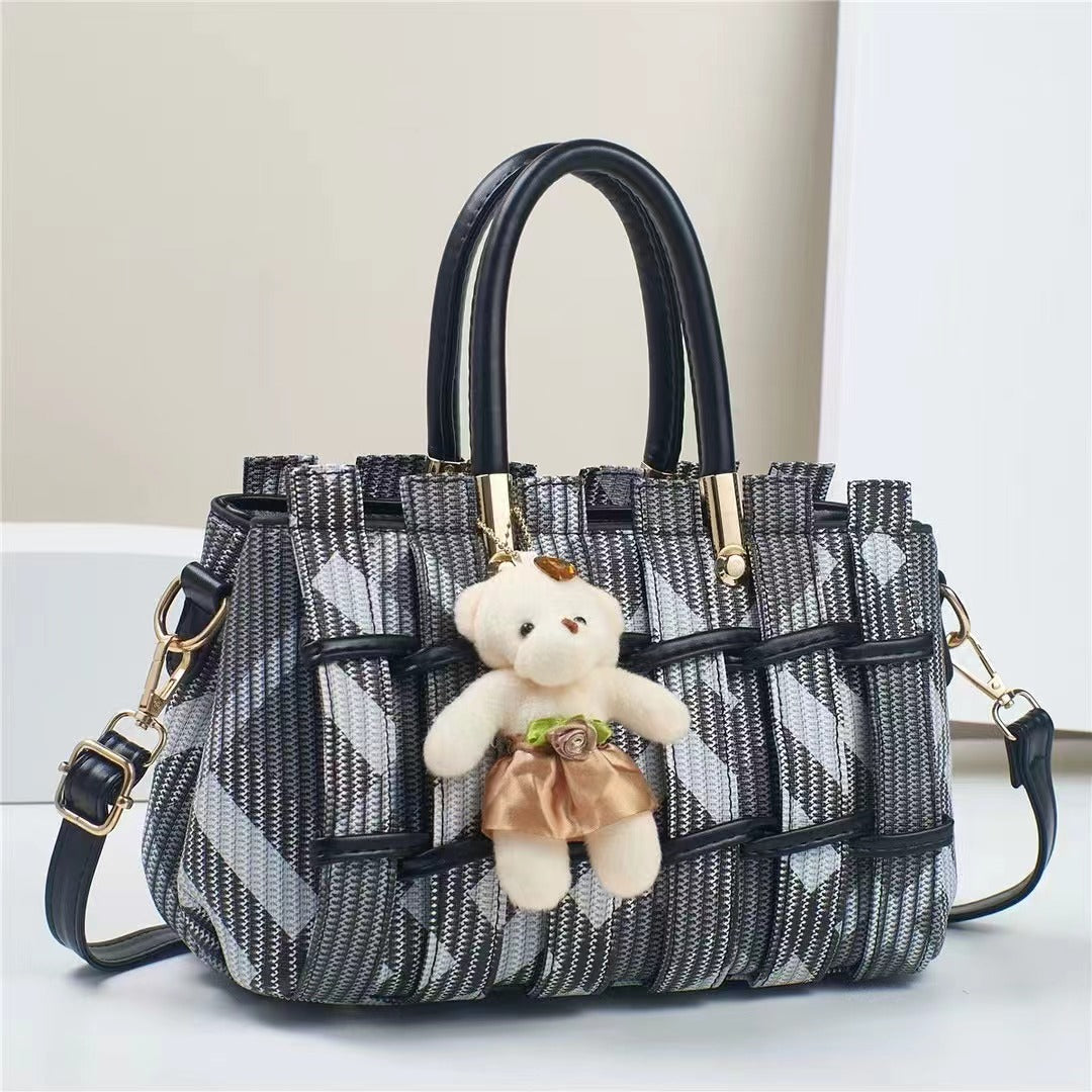Elegant Geometric Woven Satchel with Teddy Charm (9702)
