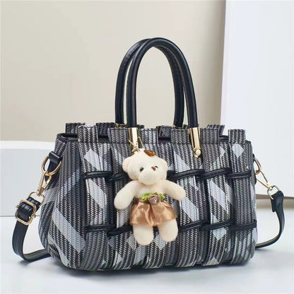 Elegant Geometric Woven Satchel with Teddy Charm (9702)