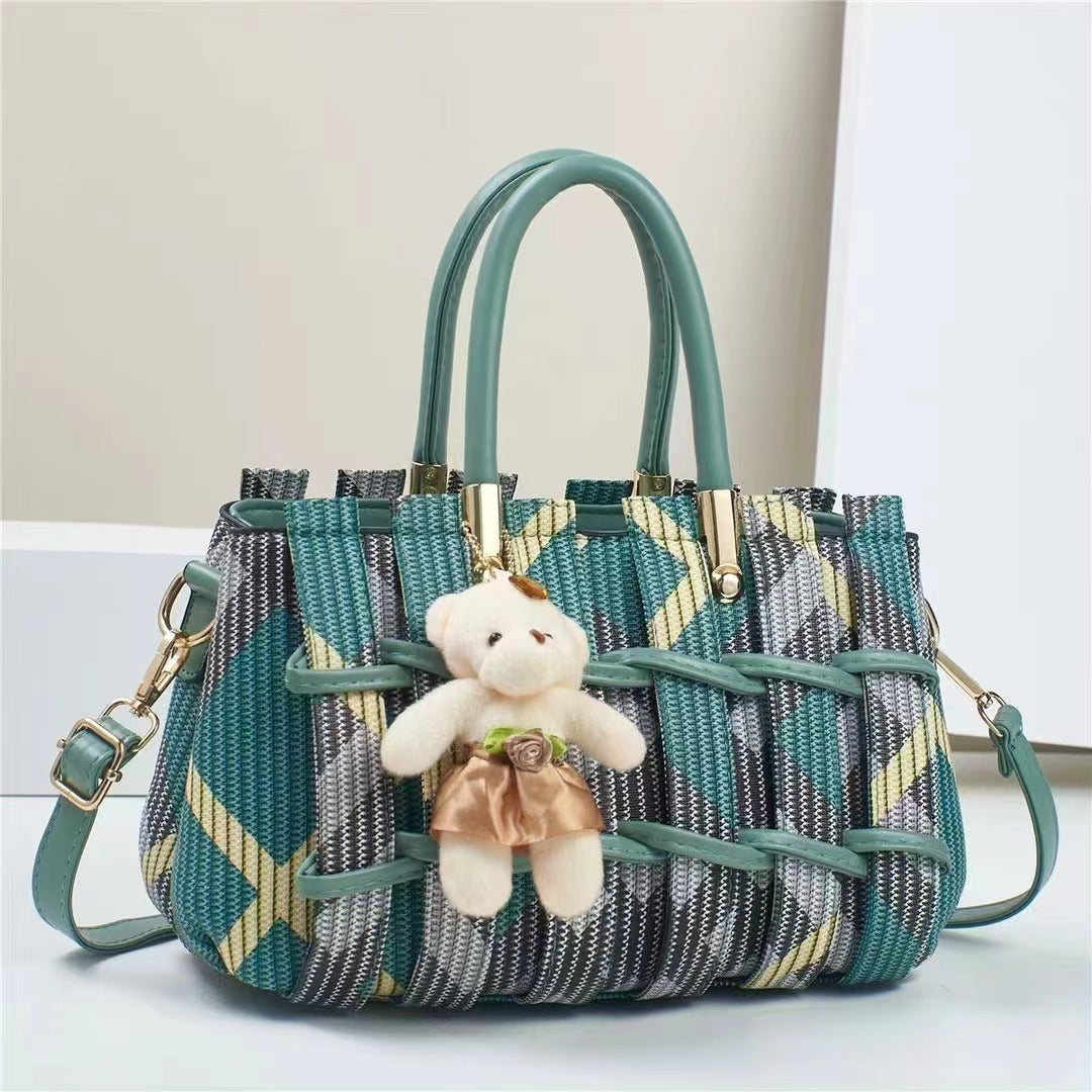 Elegant Geometric Woven Satchel with Teddy Charm (9702)