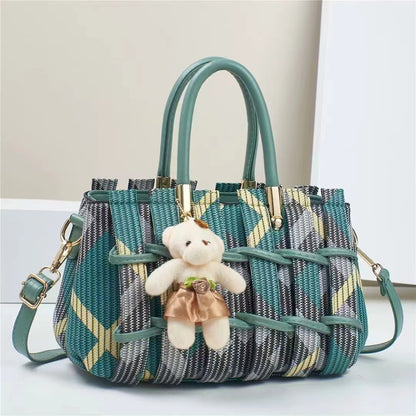 Elegant Geometric Woven Satchel with Teddy Charm (9702)