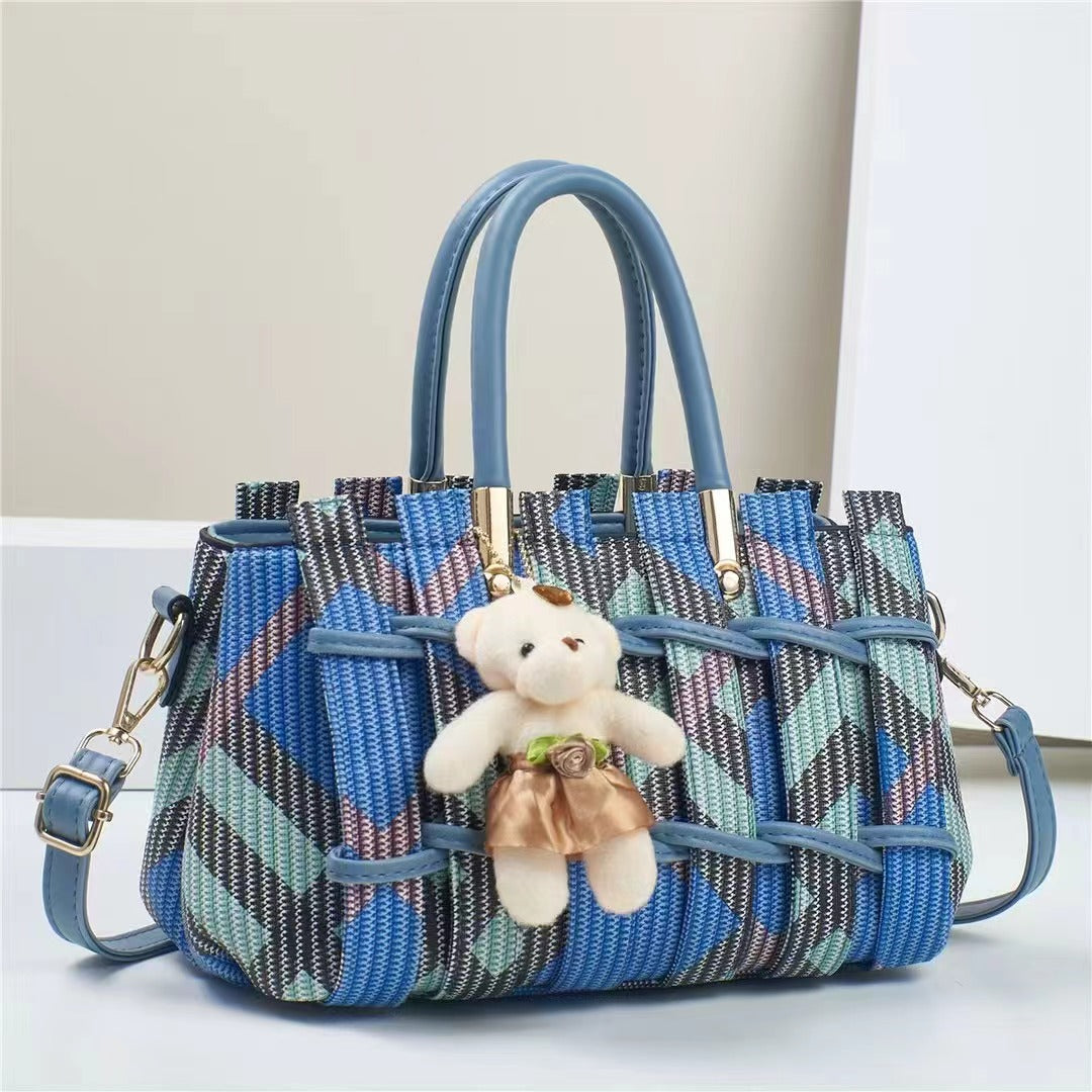 Elegant Geometric Woven Satchel with Teddy Charm (9702)