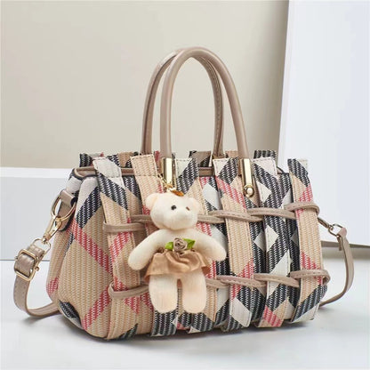 Elegant Geometric Woven Satchel with Teddy Charm (9702)