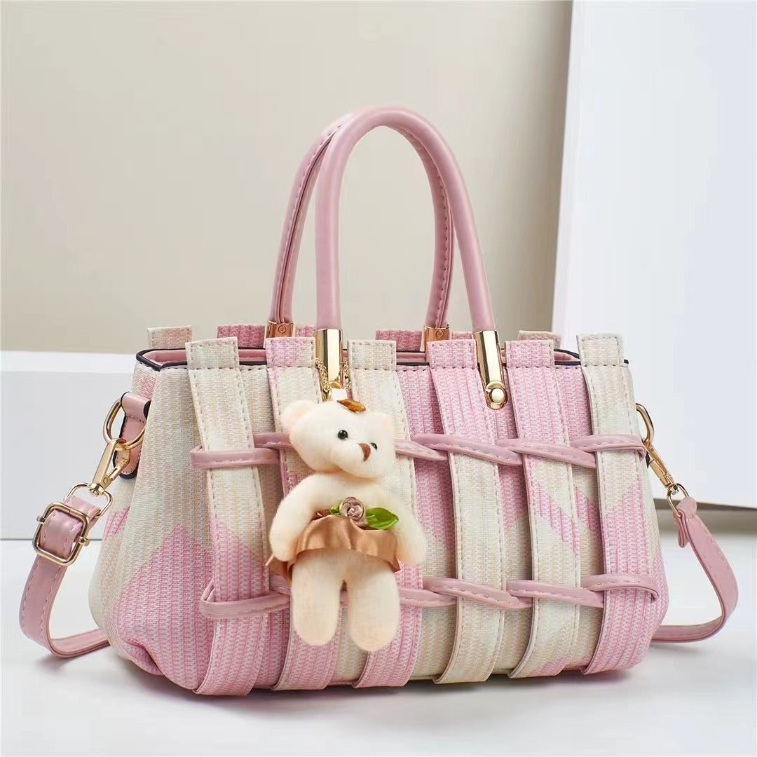 Elegant Geometric Woven Satchel with Teddy Charm (9702)