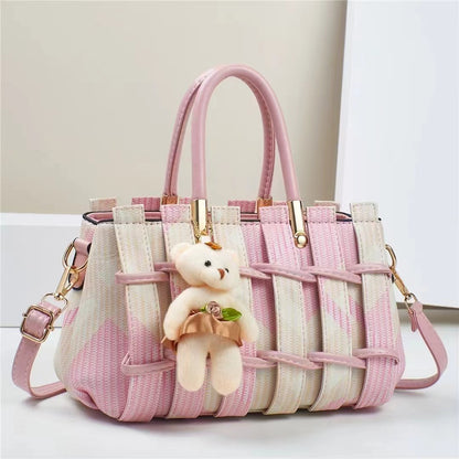 Elegant Geometric Woven Satchel with Teddy Charm (9702)