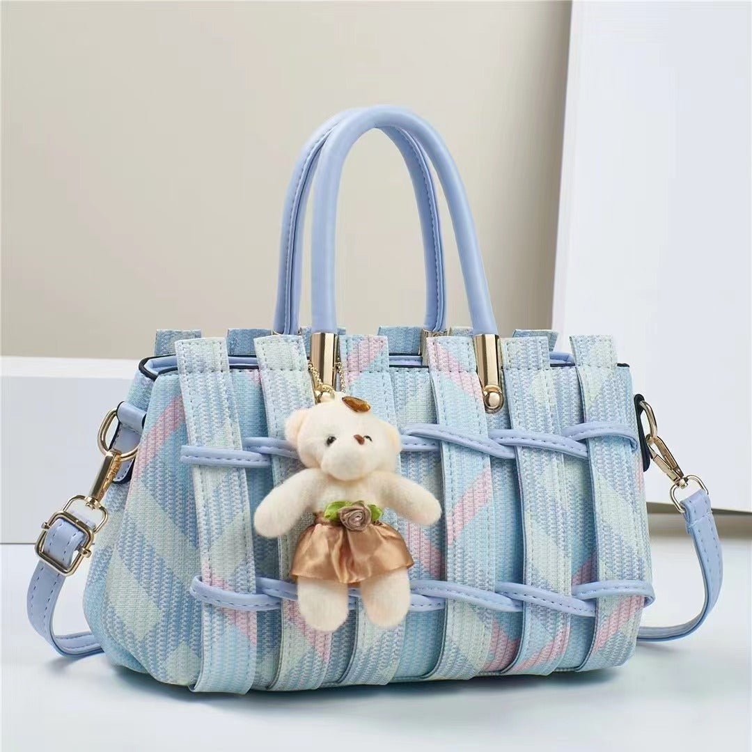 Elegant Geometric Woven Satchel with Teddy Charm (9702)
