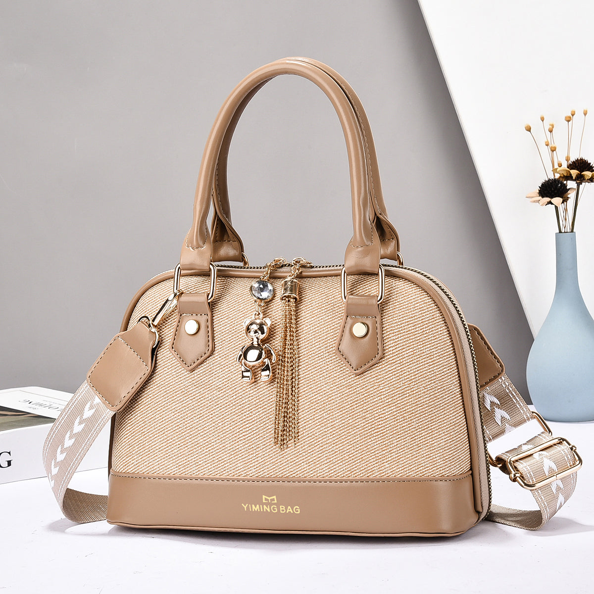 Women’s Textured Handbag with Bear Charm (9892)