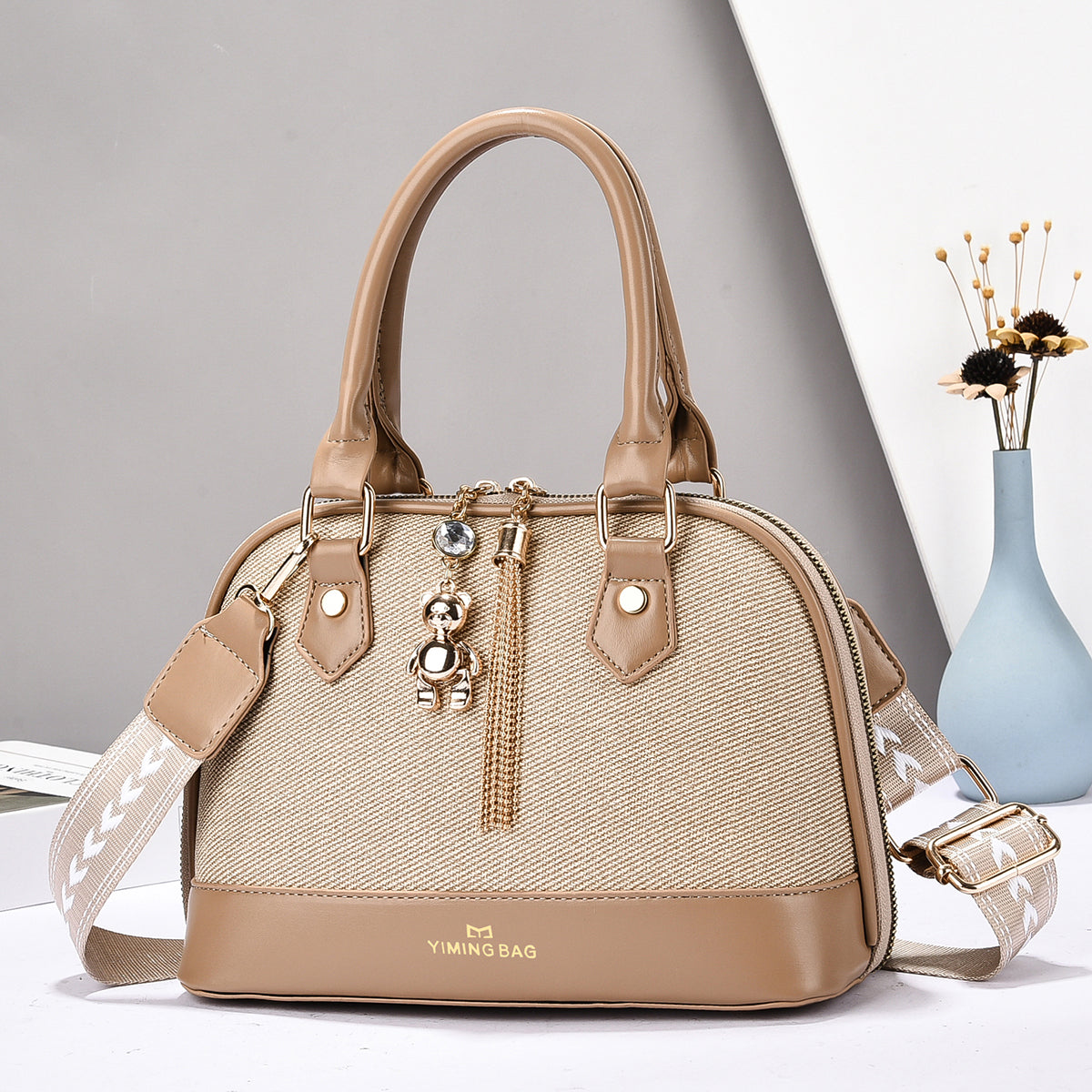 Women’s Textured Handbag with Bear Charm (9892)