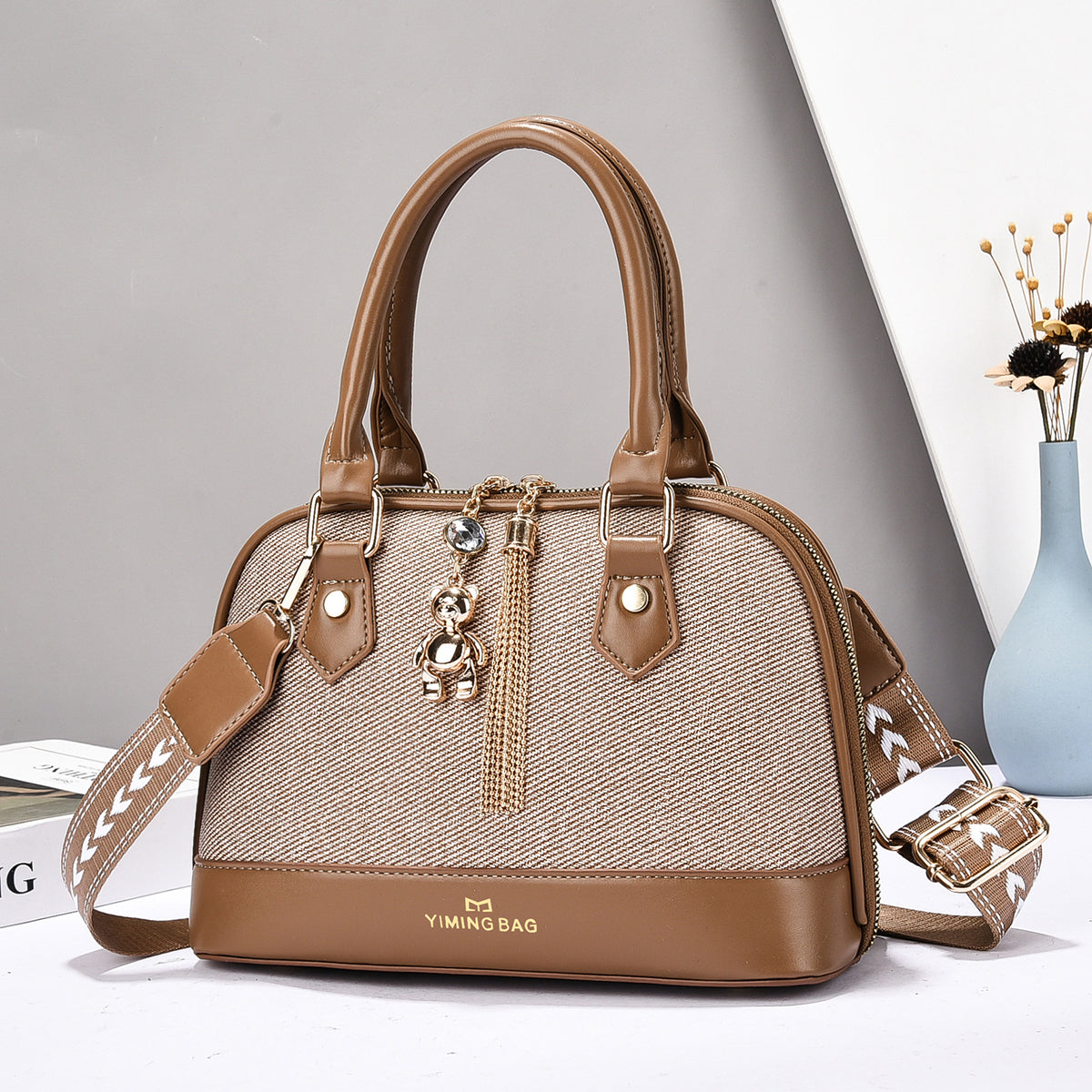 Women’s Textured Handbag with Bear Charm (9892)