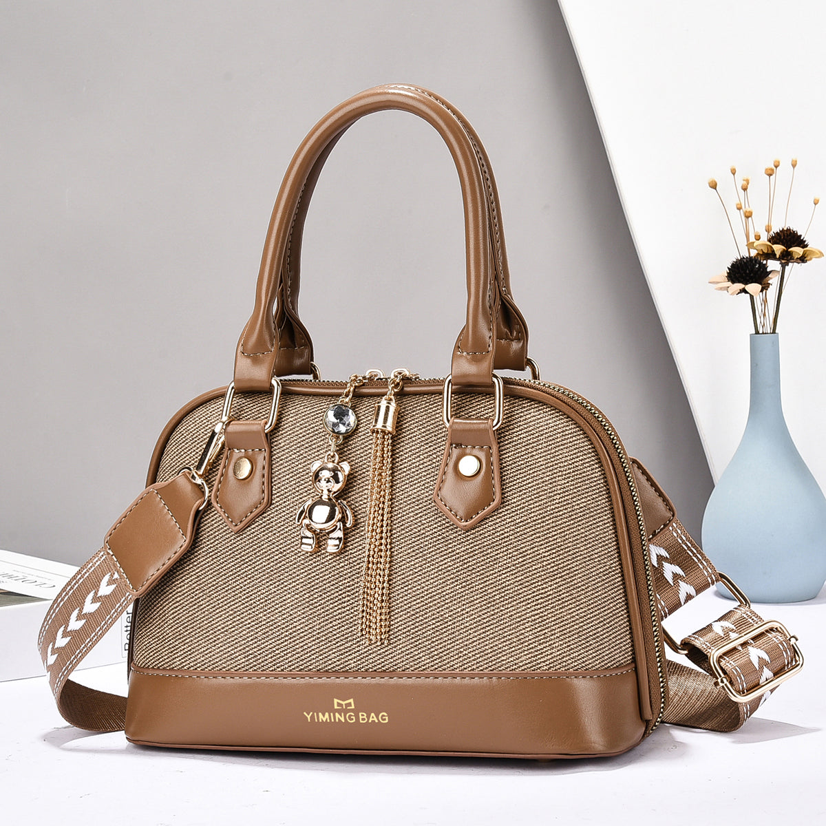 Women’s Textured Handbag with Bear Charm (9892)