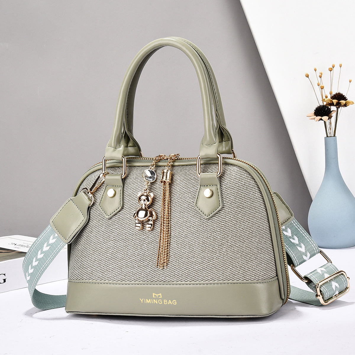 Women’s Textured Handbag with Bear Charm (9892)